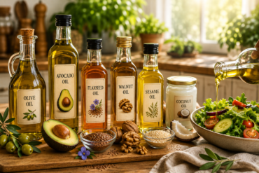 healthy cooking oils with olive oil, avocado oil, flaxseed oil, walnut oil, sesame oil, and fresh ingredients in a warm kitchen