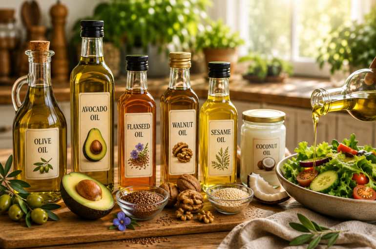 healthy cooking oils with olive oil, avocado oil, flaxseed oil, walnut oil, sesame oil, and fresh ingredients in a warm kitchen