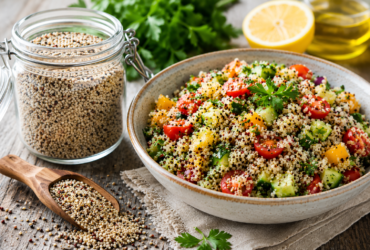 healthy quinoa salad beside a jar of raw quinoa grains in a rustic kitchen setting