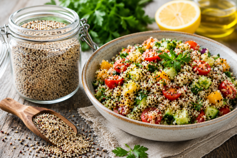healthy quinoa salad beside a jar of raw quinoa grains in a rustic kitchen setting