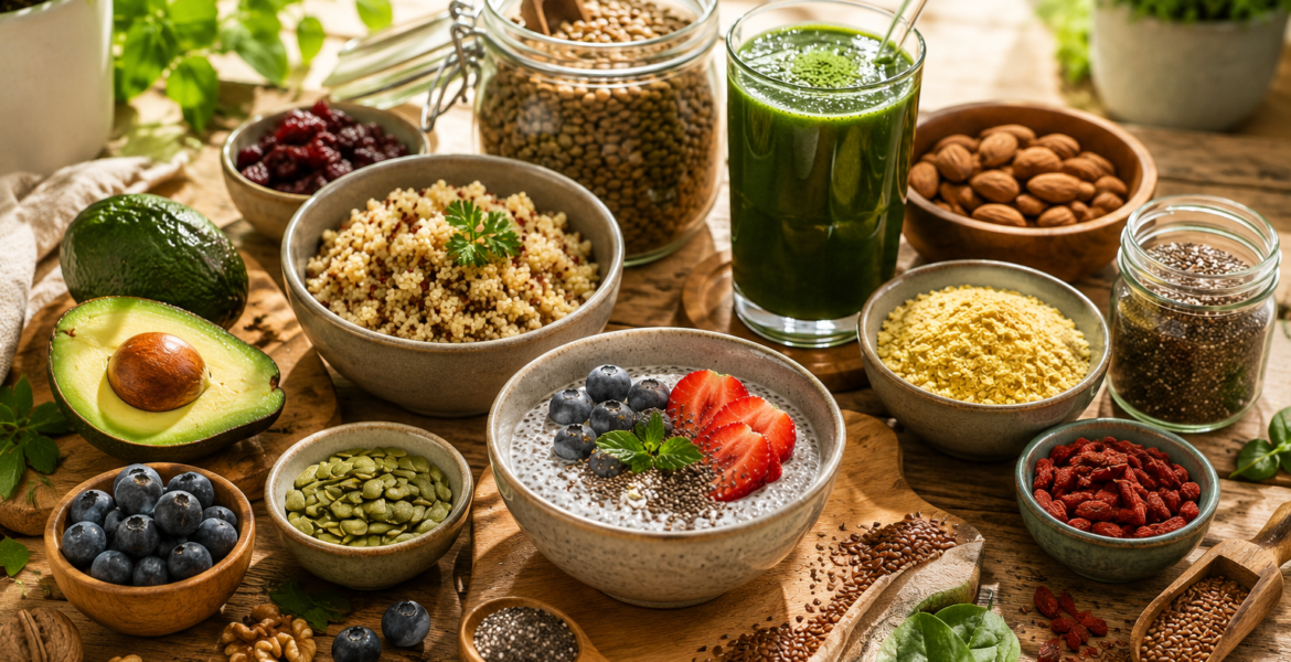 healthy superfoods including chia pudding, quinoa, spirulina smoothie, nutritional yeast, nuts, seeds, and fresh ingredients on a rustic table