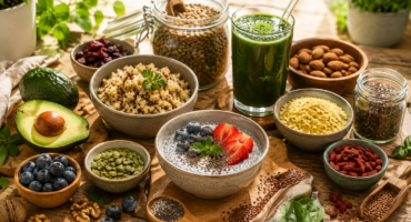 healthy superfoods including chia pudding, quinoa, spirulina smoothie, nutritional yeast, nuts, seeds, and fresh ingredients on a rustic table