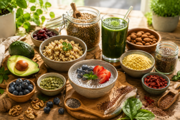 healthy superfoods including chia pudding, quinoa, spirulina smoothie, nutritional yeast, nuts, seeds, and fresh ingredients on a rustic table