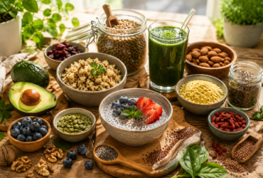 healthy superfoods including chia pudding, quinoa, spirulina smoothie, nutritional yeast, nuts, seeds, and fresh ingredients on a rustic table
