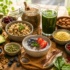 healthy superfoods including chia pudding, quinoa, spirulina smoothie, nutritional yeast, nuts, seeds, and fresh ingredients on a rustic table