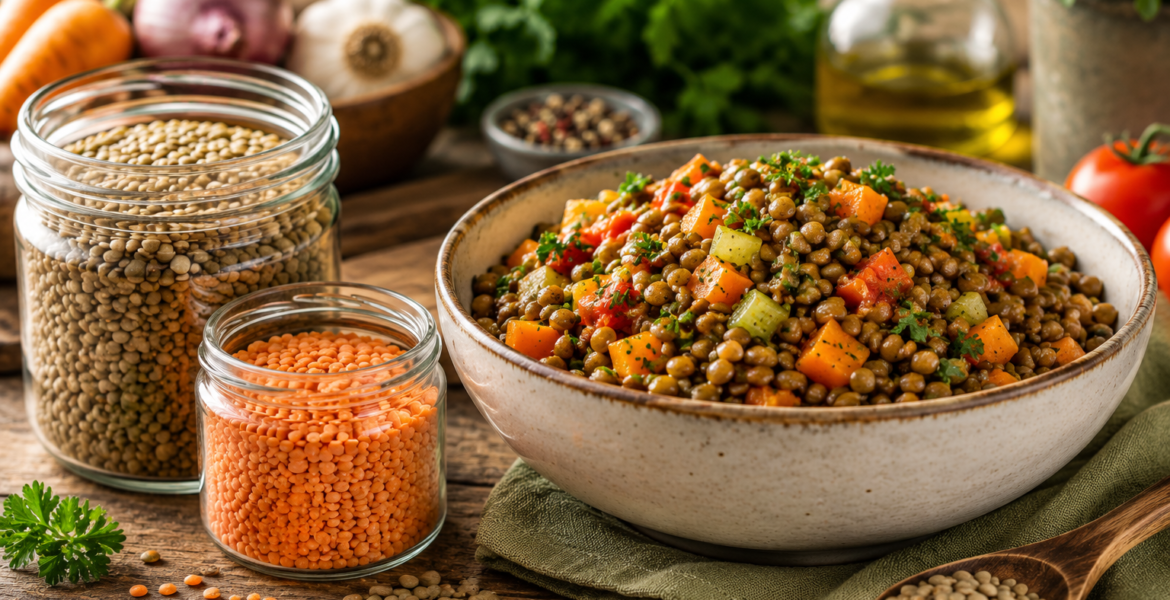healthy lentil meal beside jars of green and red lentils in a rustic kitchen