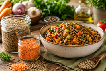 healthy lentil meal beside jars of green and red lentils in a rustic kitchen