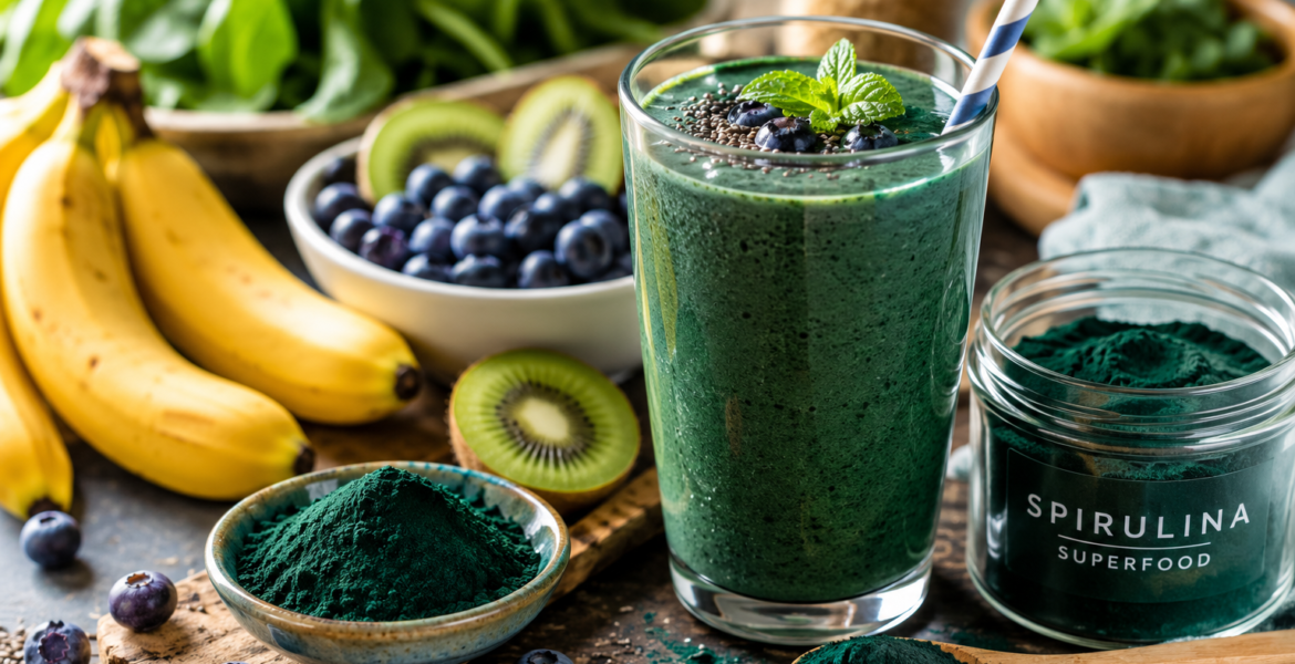 green spirulina smoothie beside spirulina powder and fresh fruits on a rustic kitchen table