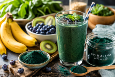 green spirulina smoothie beside spirulina powder and fresh fruits on a rustic kitchen table