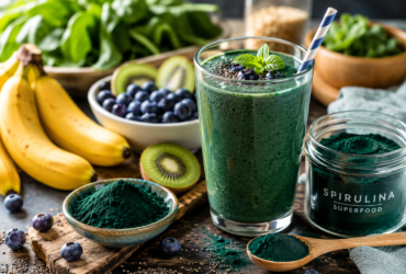 green spirulina smoothie beside spirulina powder and fresh fruits on a rustic kitchen table