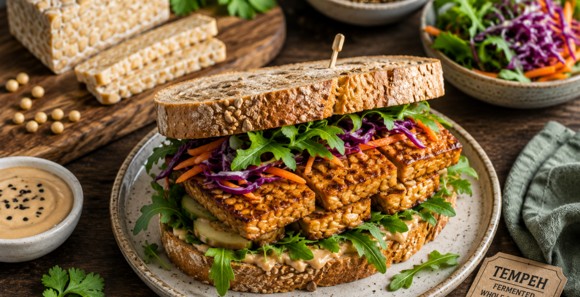healthy tempeh sandwich beside fermented soybean tempeh blocks in a rustic kitchen setting