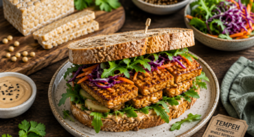 healthy tempeh sandwich beside fermented soybean tempeh blocks in a rustic kitchen setting