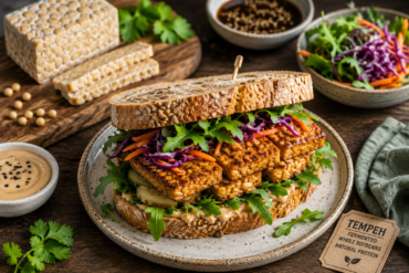 healthy tempeh sandwich beside fermented soybean tempeh blocks in a rustic kitchen setting