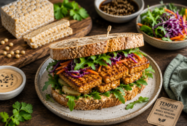 healthy tempeh sandwich beside fermented soybean tempeh blocks in a rustic kitchen setting