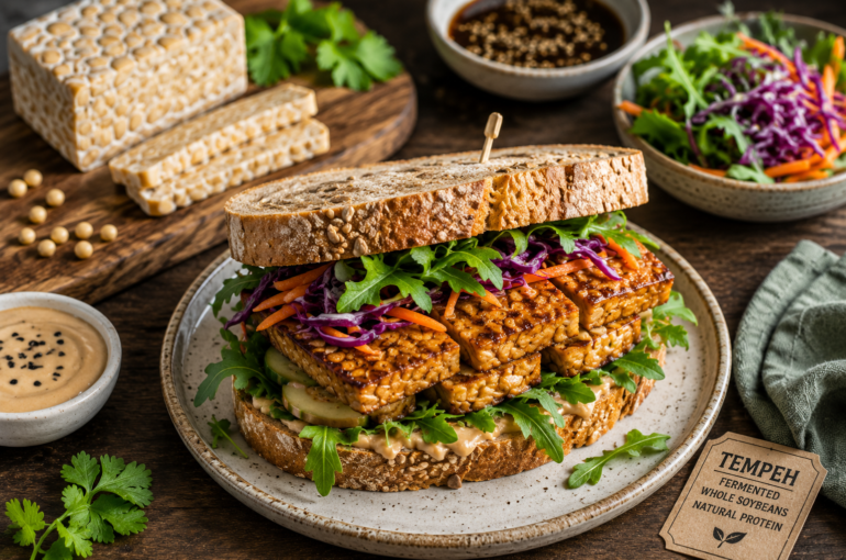 healthy tempeh sandwich beside fermented soybean tempeh blocks in a rustic kitchen setting