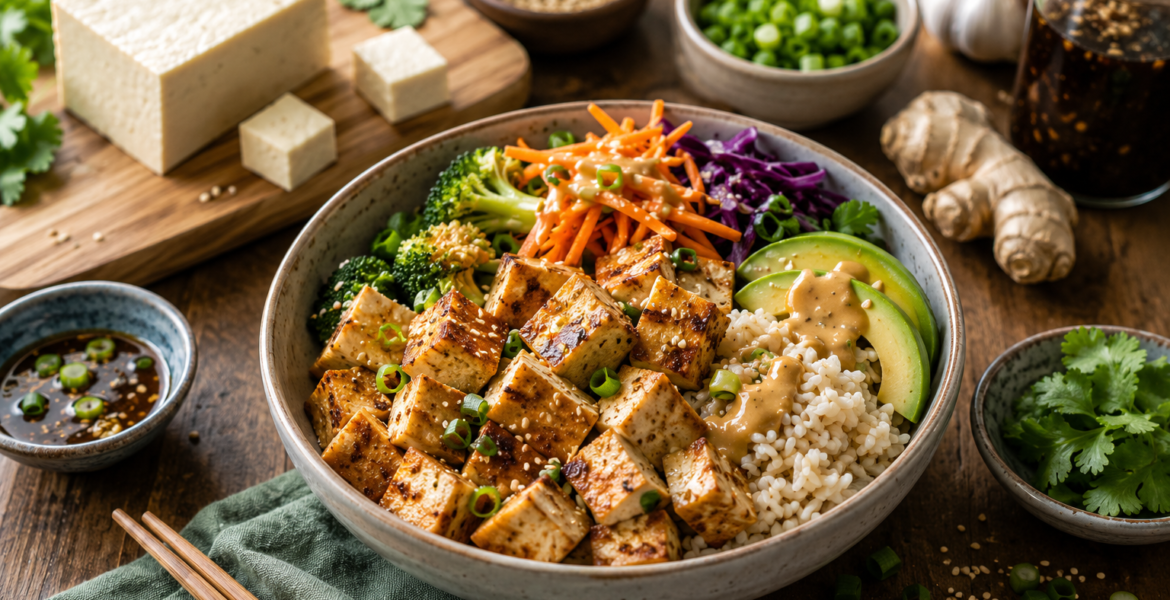 healthy tofu bowl beside fresh tofu blocks and colorful vegetables in a rustic kitchen