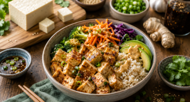 healthy tofu bowl beside fresh tofu blocks and colorful vegetables in a rustic kitchen