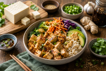 healthy tofu bowl beside fresh tofu blocks and colorful vegetables in a rustic kitchen