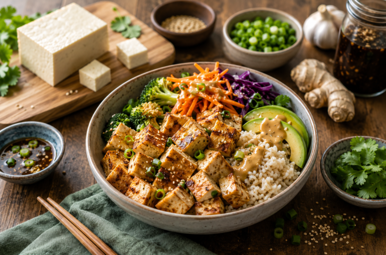 healthy tofu bowl beside fresh tofu blocks and colorful vegetables in a rustic kitchen