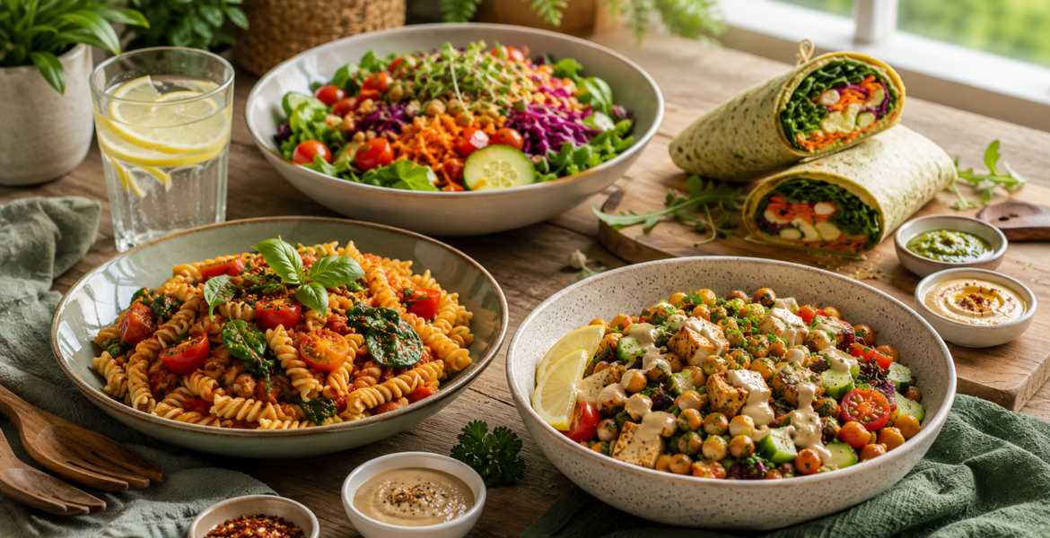 Easy vegan dinner recipes for busy weeknights featuring a fresh salad, pasta, chickpeas with tofu, and a healthy wrap.