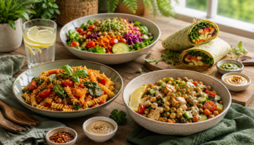 Easy vegan dinner recipes for busy weeknights featuring a fresh salad, pasta, chickpeas with tofu, and a healthy wrap.