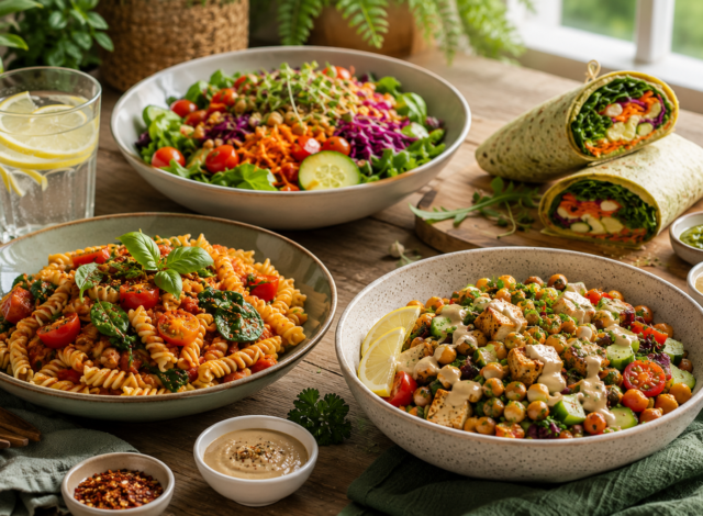 Easy vegan dinner recipes for busy weeknights featuring a fresh salad, pasta, chickpeas with tofu, and a healthy wrap.
