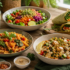 Easy vegan dinner recipes for busy weeknights featuring a fresh salad, pasta, chickpeas with tofu, and a healthy wrap.