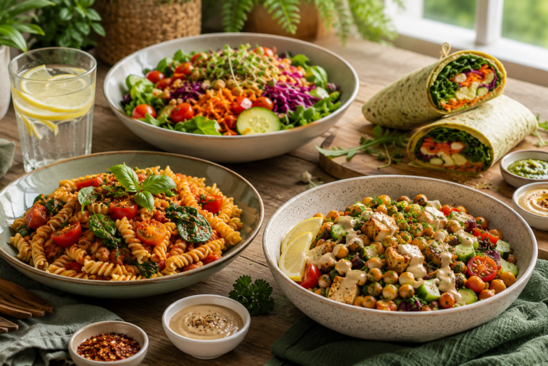 Easy vegan dinner recipes for busy weeknights featuring a fresh salad, pasta, chickpeas with tofu, and a healthy wrap.