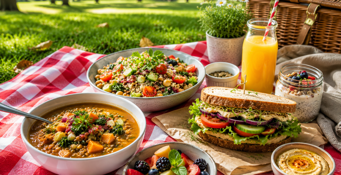 Easy vegan lunch recipes for busy days featuring a healthy sandwich, hearty vegetable soup, fresh salad, fruit, and juice in a park picnic setting.