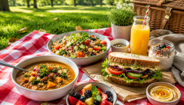Easy vegan lunch recipes for busy days featuring a healthy sandwich, hearty vegetable soup, fresh salad, fruit, and juice in a park picnic setting.