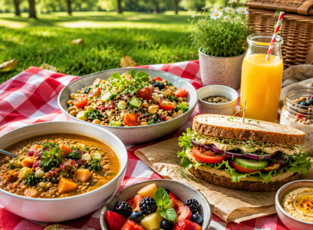 Easy vegan lunch recipes for busy days featuring a healthy sandwich, hearty vegetable soup, fresh salad, fruit, and juice in a park picnic setting.