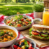 Easy vegan lunch recipes for busy days featuring a healthy sandwich, hearty vegetable soup, fresh salad, fruit, and juice in a park picnic setting.