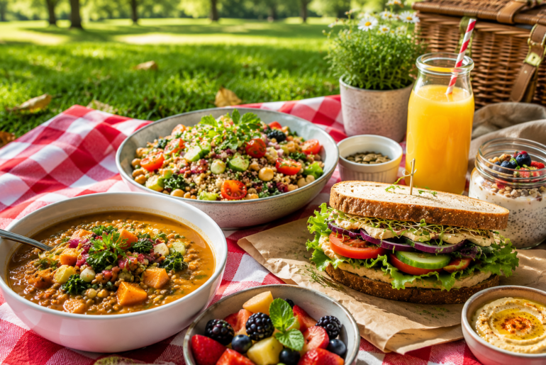 Easy vegan lunch recipes for busy days featuring a healthy sandwich, hearty vegetable soup, fresh salad, fruit, and juice in a park picnic setting.