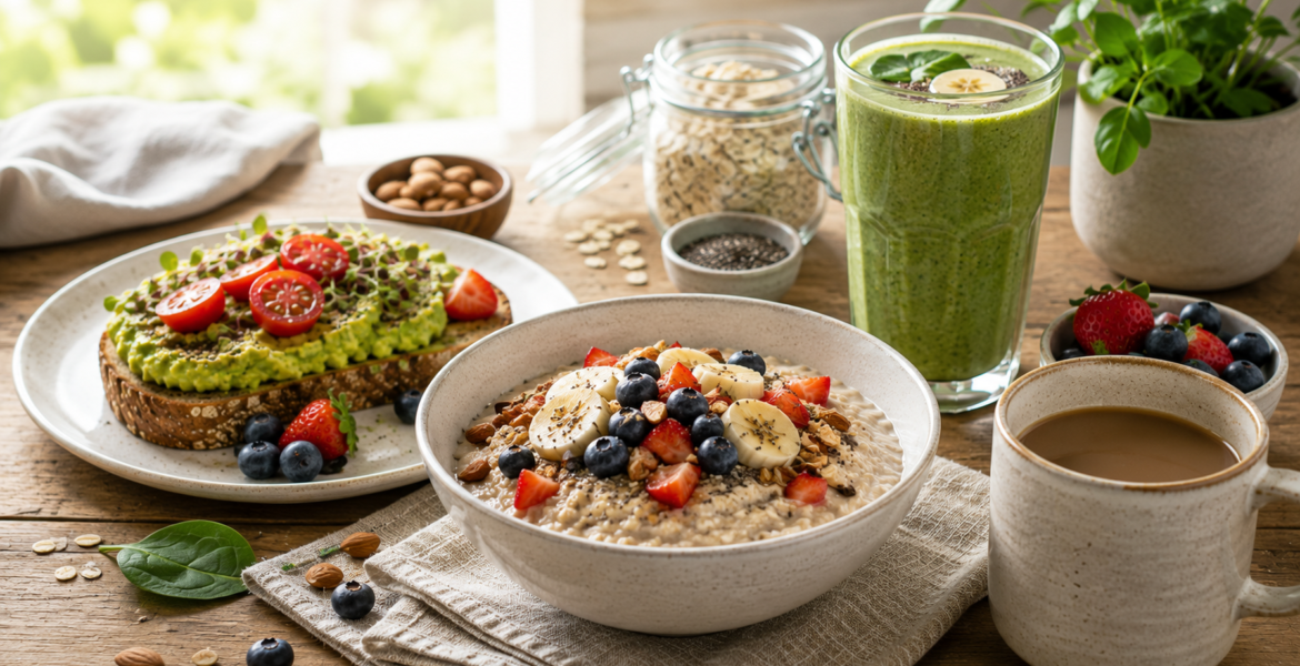 Easy vegan breakfast recipes for busy mornings with oatmeal, avocado toast, fresh fruit, and a green smoothie.
