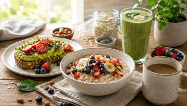 Easy vegan breakfast recipes for busy mornings with oatmeal, avocado toast, fresh fruit, and a green smoothie.