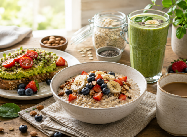 Easy vegan breakfast recipes for busy mornings with oatmeal, avocado toast, fresh fruit, and a green smoothie.