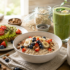 Easy vegan breakfast recipes for busy mornings with oatmeal, avocado toast, fresh fruit, and a green smoothie.