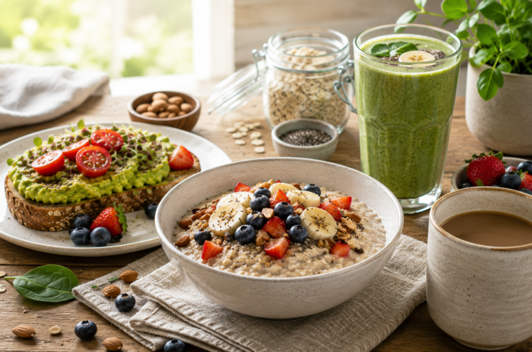 Easy vegan breakfast recipes for busy mornings with oatmeal, avocado toast, fresh fruit, and a green smoothie.