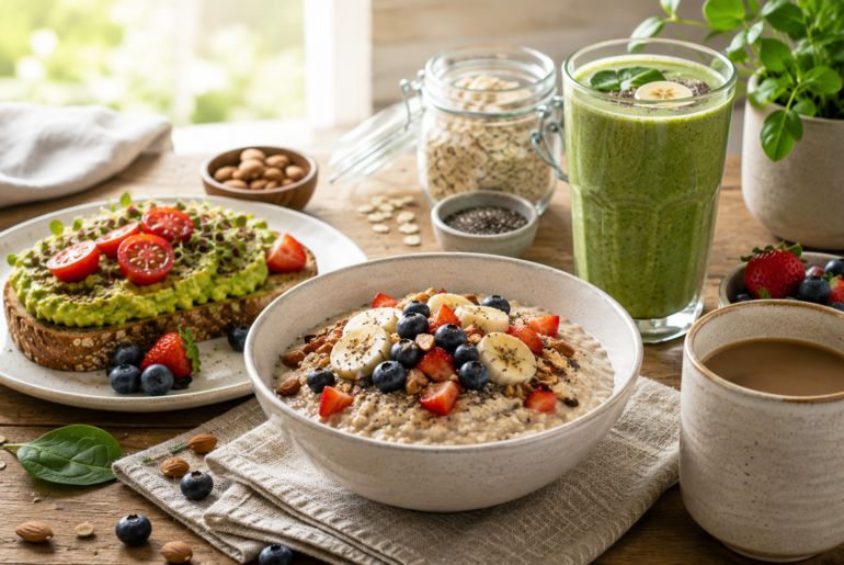 Easy vegan breakfast recipes for busy mornings with oatmeal, avocado toast, fresh fruit, and a green smoothie.